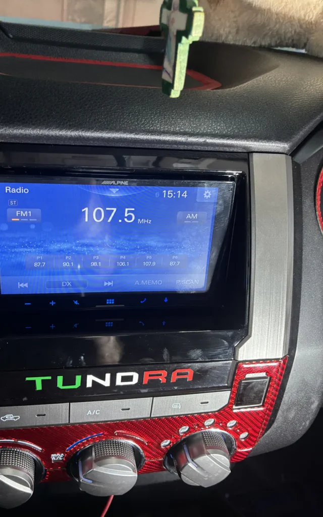 Close-up of an aftermarket head unit in a Toyota Tundra.